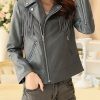 Fashionable Turn-Down Collar Long Sleeve PU Leather Tassels Jacket For Women Gray