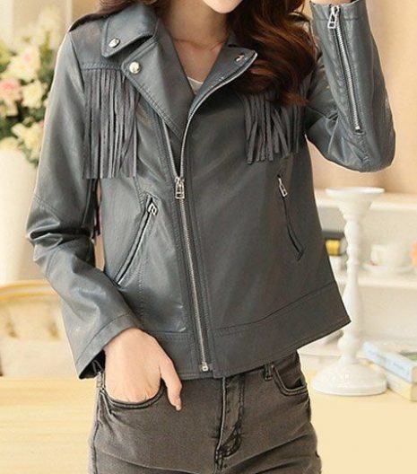 Fashionable Turn-Down Collar Long Sleeve PU Leather Tassels Jacket For Women Gray