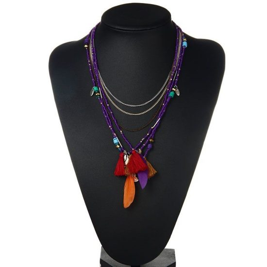 Bohemia Multi Color Feather Necklaces Beads Chain Necklace Women - Dark Blue