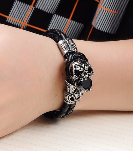 Creative Devil Skull Rock Trend Genuine Pu Leather Silver Grain Bracelet
