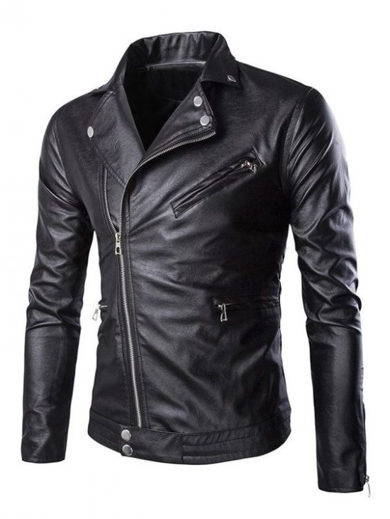 Slim Fit Side Zipper Up Faux Leather Jacket Black