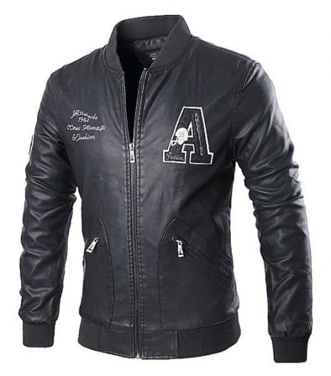 Stand Collar Rib Splicing Letters Pattern Long Sleeve PU-Leather Jacket For Men Black