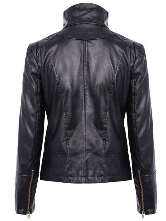 Stylish Women's Turn Down Collar Long Sleeve PU Leather Jacket Black