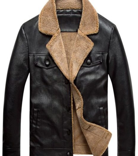 Turndown Collar Single Breasted PU Leather Fleece Jacket Black
