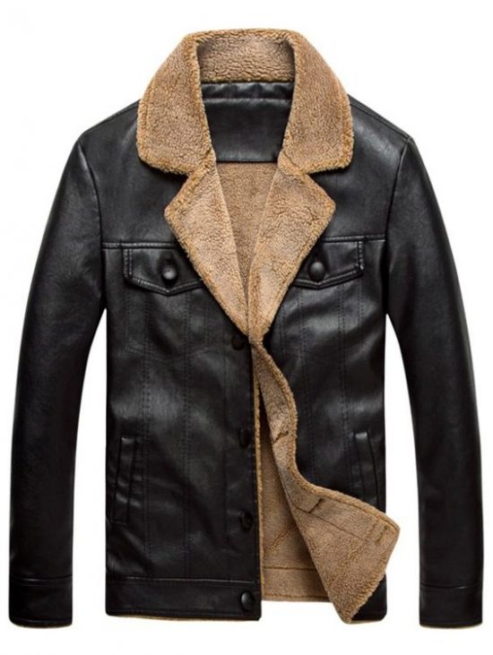 Turndown Collar Single Breasted PU Leather Fleece Jacket Black