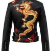 Fashion Stand Collar Dragon Embroidered Women's Faux Leather Jacket Black