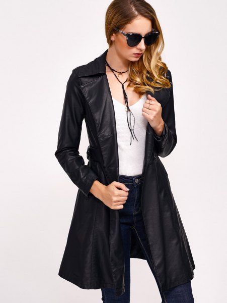 Double-Breasted with Pockets Leather Coat