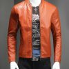 Pure Color Stand Collar Long Sleeve Leather Jacket
