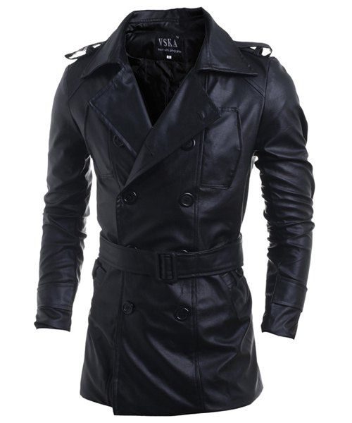 Double-Breasted Belt PU-Leather Turn-Down Collar Long Sleeve Men's Jacket Black