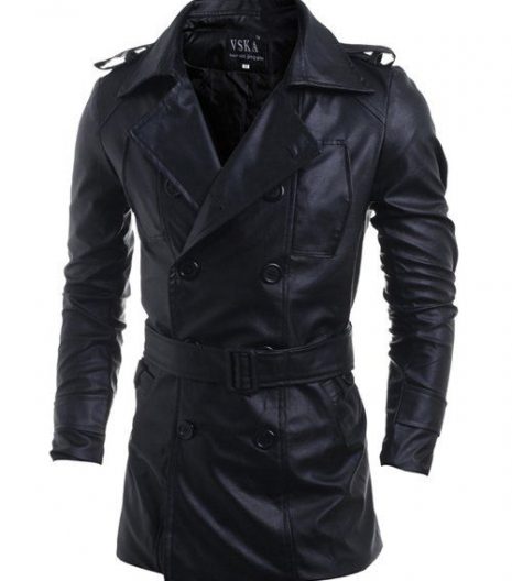 Double Breasted Belt PU Leather Turn Down Collar Long Sleeve Men's Jacket Black