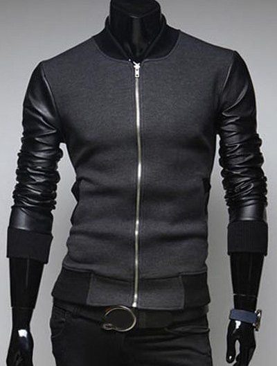 Casual PU Leather Spliced Jacket Deep Gray