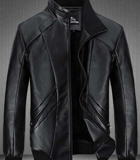 Spliced Design PU Leather Flocking Jacket Black