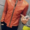 Slim Fit Zip Up Stand Collar PU Leather Jacket