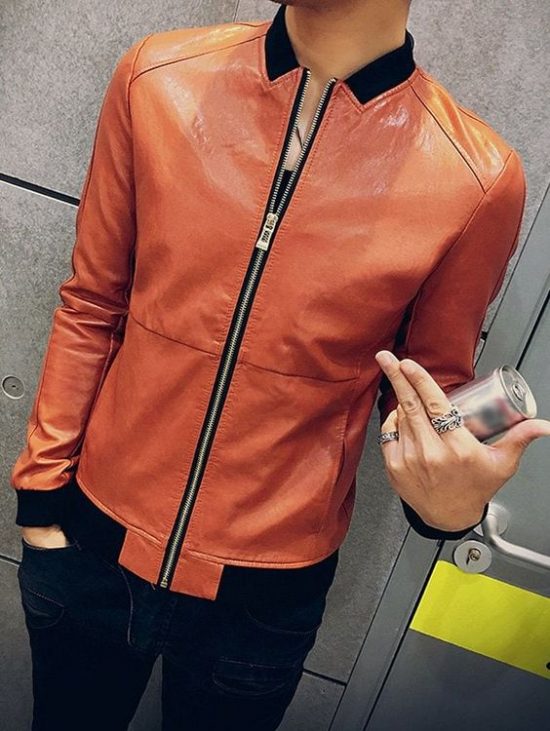 Slim Fit Zip Up Stand Collar PU Leather Jacket