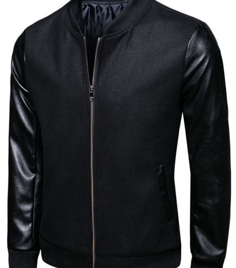Stand Collar Woolen PU Leather Panel Jacket Black