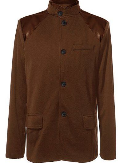 Stylish Stand Collar PU Leather Splicing Slimming Color Block Long Sleeves Coat For Men Brown