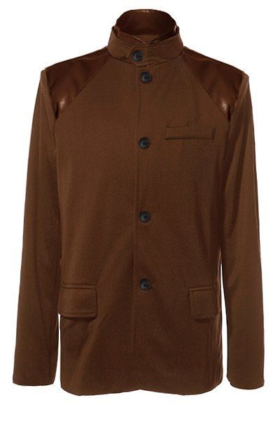 Stylish Stand Collar PU Leather Splicing Slimming Color Block Long Sleeves Coat For Men Brown