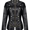 Button Embellished Zipper Punk PU Leather Jacket Black