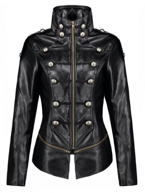 Button Embellished Zipper Punk PU Leather Jacket Black
