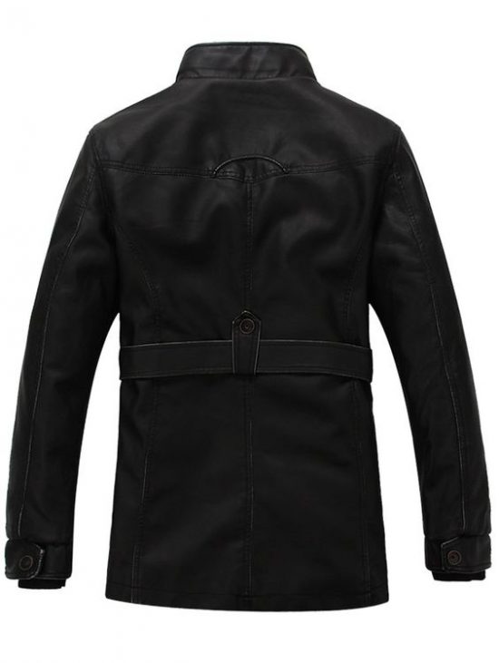 Rib Panel Stand Collar Leather Zip Up Fleece Coat - X-Large