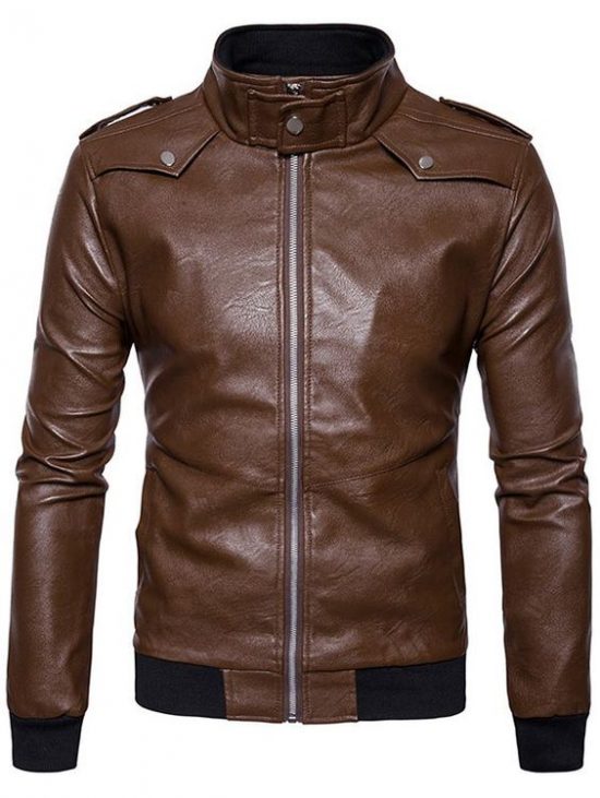 Zip Up Epualet Faux Leather Panel Jacket Black