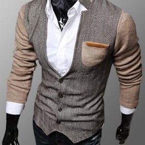 Trendy PU Leather Embellished Pocket Stand Collar Slimming Fabric Splicing Long Sleeves Coat For Men Khaki