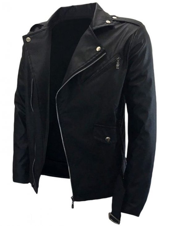 Belted Asymmetrical Zip PU Leather Biker Jacket Black