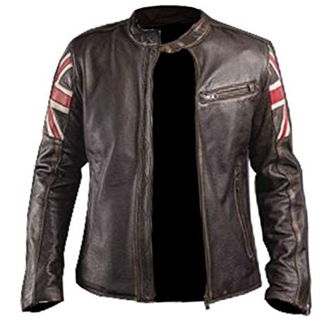 Mens Biker Vintage Motorcycle Cafe Racer Brown Real Leather Jacket with UK Flag