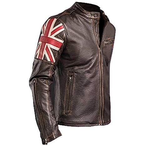 Mens Biker Vintage Motorcycle Cafe Racer Brown Real Leather Jacket with UK Flag