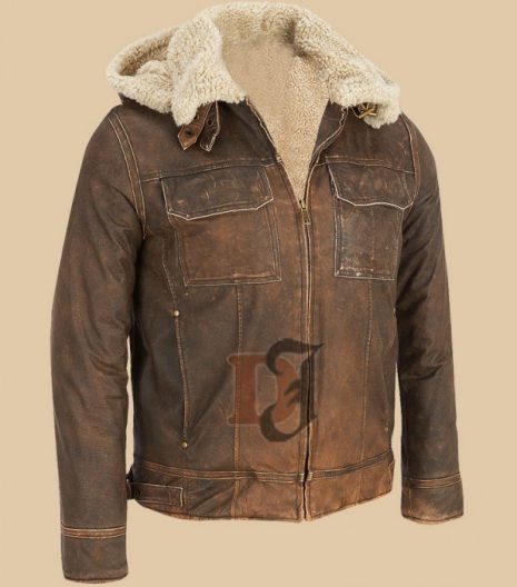 Dark Brown Contrast Faux Fur Hooded Leather Jacket