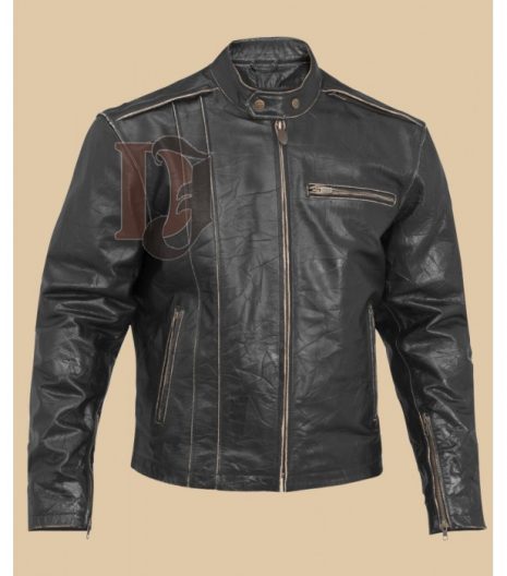 Distressed Leather Jacket Black Biker Leather Jacket for Men
