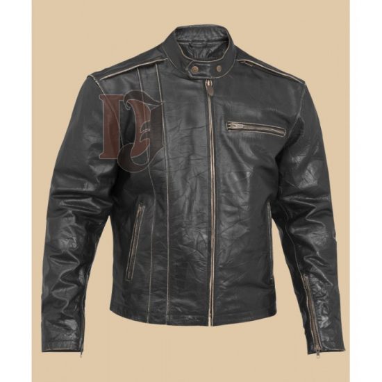 Distressed Leather Jacket Black Biker Leather Jacket for Men