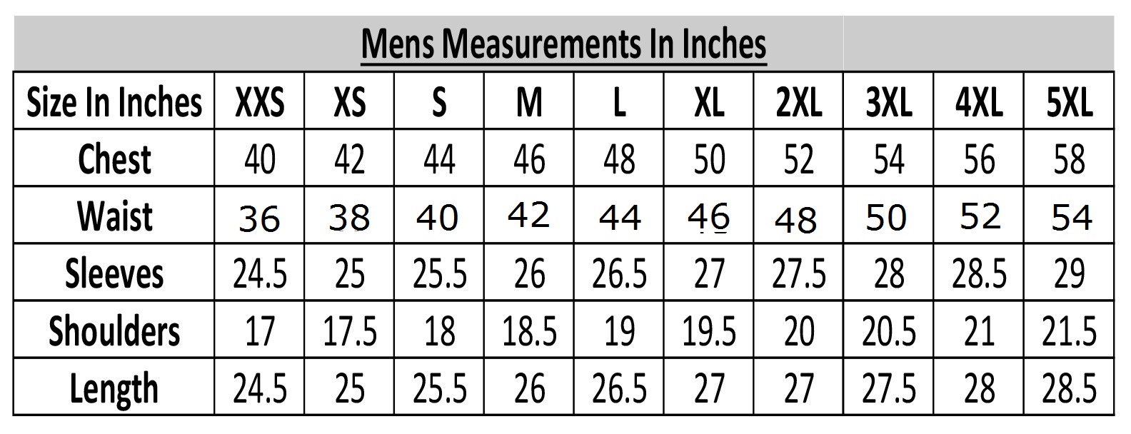 mens measurements in inches