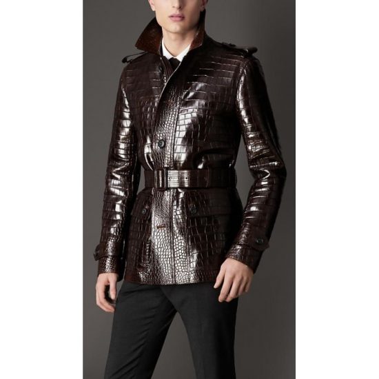 Chocolate Brown Alligator Style Leather Coat