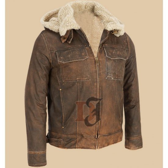 Distressed Light Brown Hooded Leather Jacket
