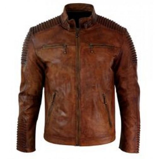 Distressed Brown Biker Style Leather Jacket