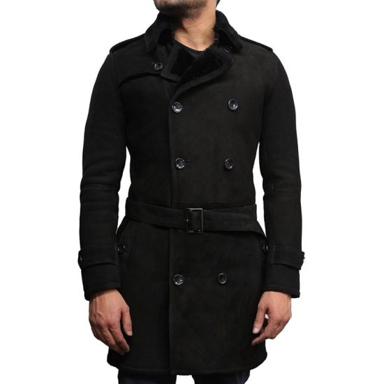 Mens Duffle Merino Fur Belted Black Leather Coat